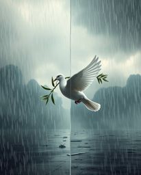A captivating digital artwork depicting a dove carrying an olive branch amidst stormy skies.  The scene is dramatically split