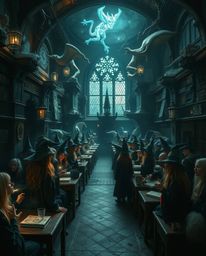 Explore a high-resolution, surreal image of a magical school brimming with young wizards. This artwork features dreamlike ima
