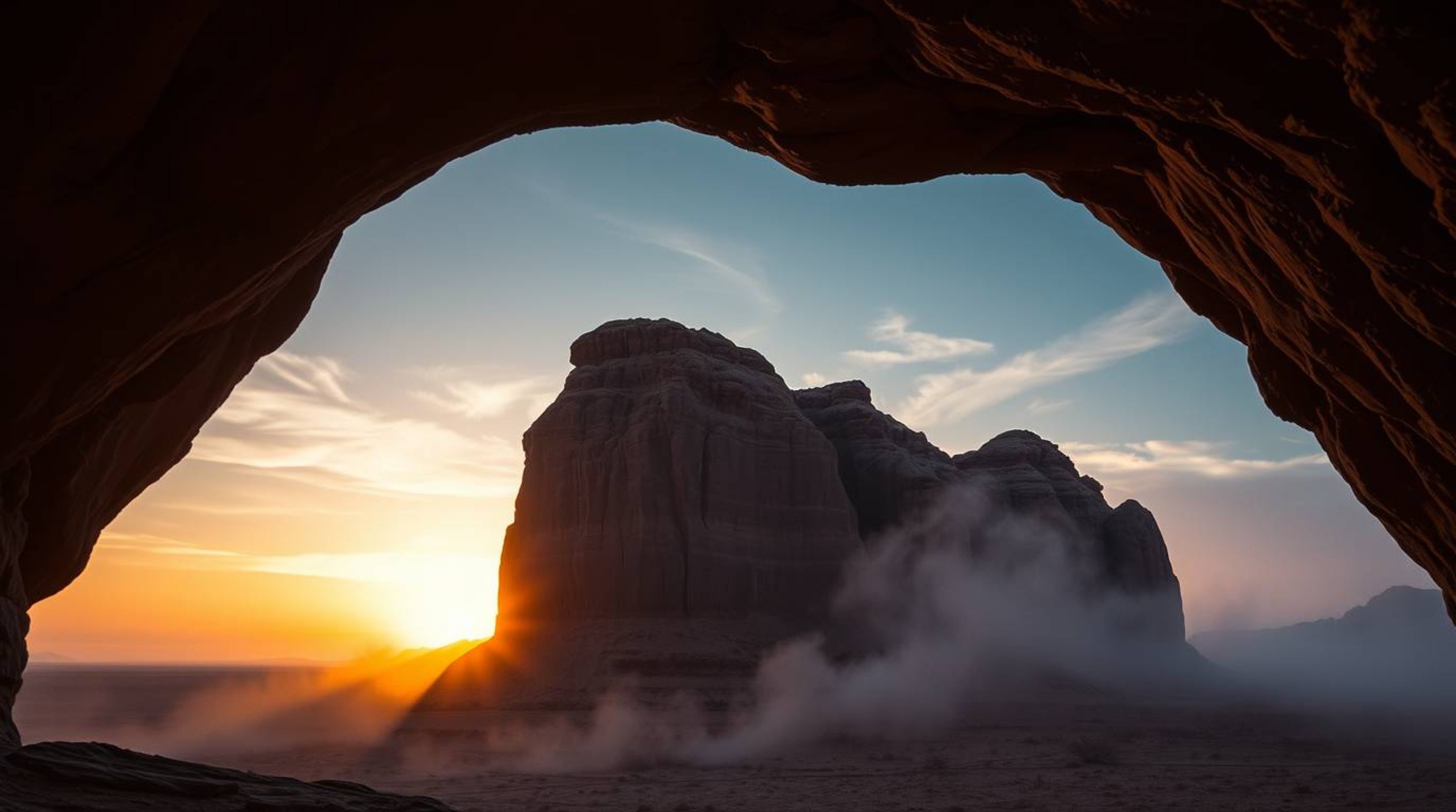 A captivating fine art photograph capturing a stunning sunset as seen through a natural desert rock arch. The image showcases