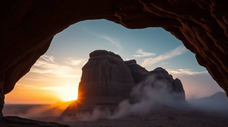 A captivating fine art photograph capturing a stunning sunset as seen through a natural desert rock arch. The image showcases