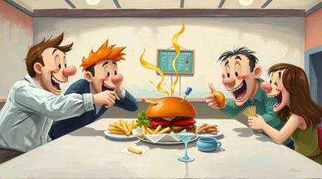 A classic oil painting depicts a whimsical cartoon cafeteria food fight, rendered in soft pastel colors.  The artwork feature