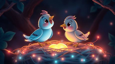 Delightful classic animation featuring two cartoon birds meticulously constructing a nest bathed in vibrant, bioluminescent c