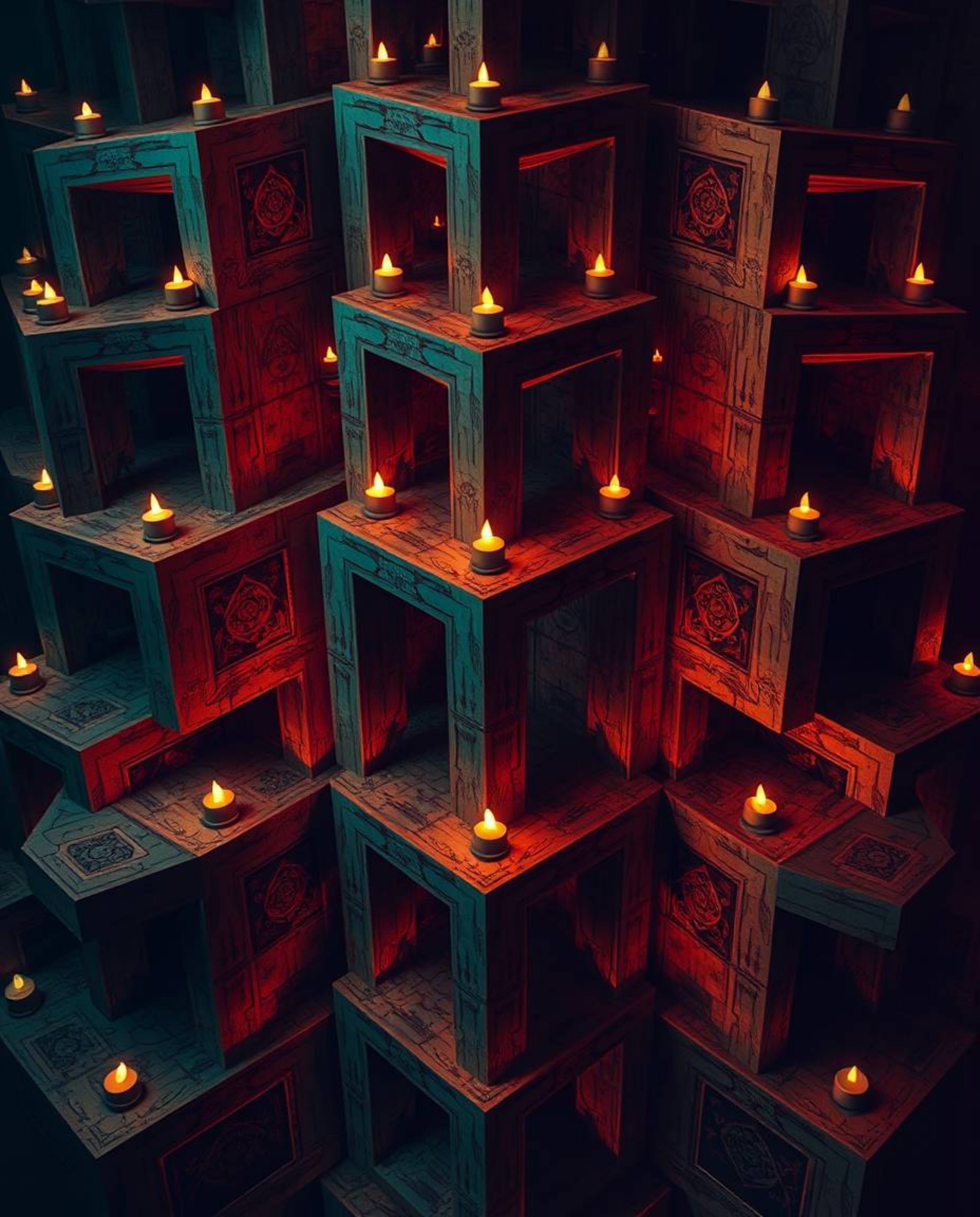 Immerse yourself in an unsettling world of repetitive cube patterns and Escher-style impossible geometry, rendered in warm te