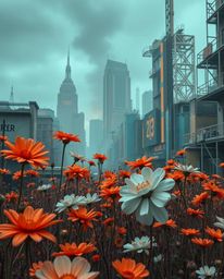 Stunning image showcasing vibrant teal and warm terracotta flowers blooming amidst the ruins of a post-apocalyptic city. The 