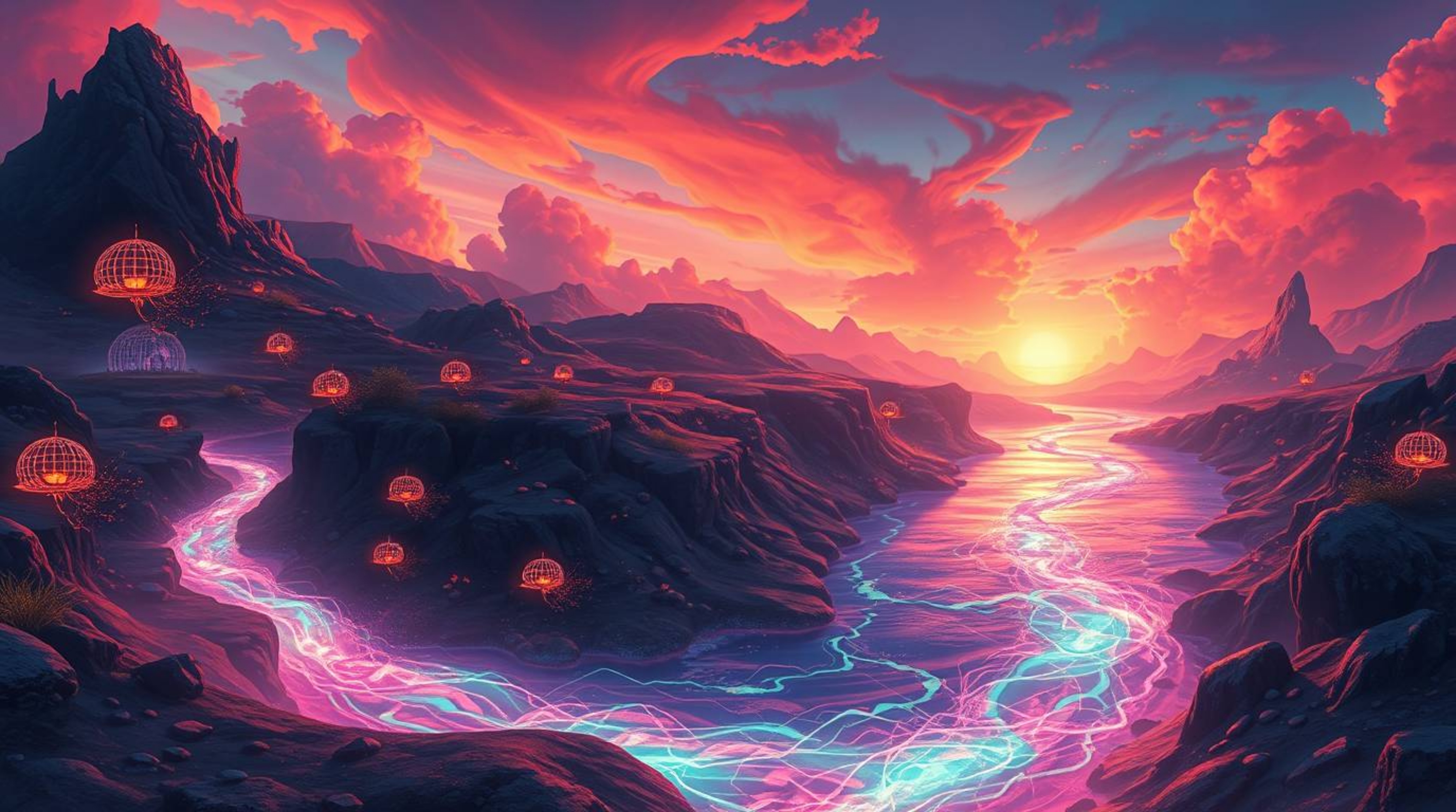 Immerse yourself in a surreal digital painting featuring a winding river emitting mesmerizing bioluminescent colors beneath a