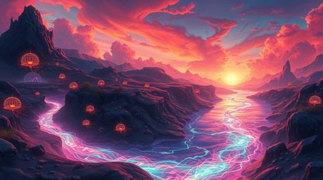 Immerse yourself in a surreal digital painting featuring a winding river emitting mesmerizing bioluminescent colors beneath a