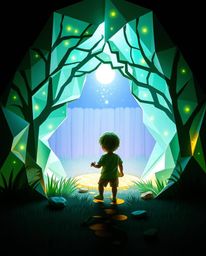 A captivating image showcasing intricate origami artwork depicting a child's discovery of a magical, glowing bioluminescent p