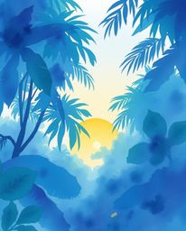 A delicate watercolor painting of a sunset seen through a dense jungle canopy. This artwork is rendered in a cool palette of 