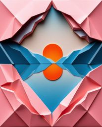 An intricate origami-style artwork depicting a sunset reflected in a glassy fjord. This piece emphasizes the distinct look of
