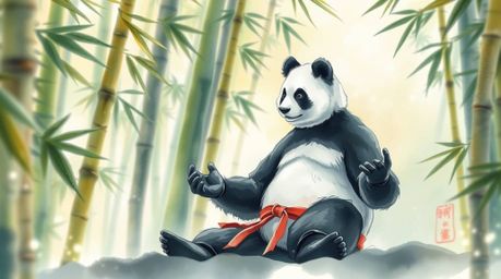 A stunning watercolor painting depicts a martial artist panda meditating serenely in a bamboo forest.  The artwork showcases 