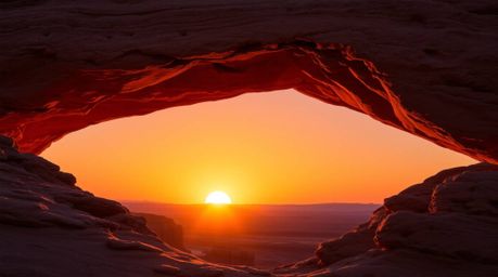 Experience the breathtaking beauty of a desert sunset framed by a natural rock arch. The scene features smooth color gradient