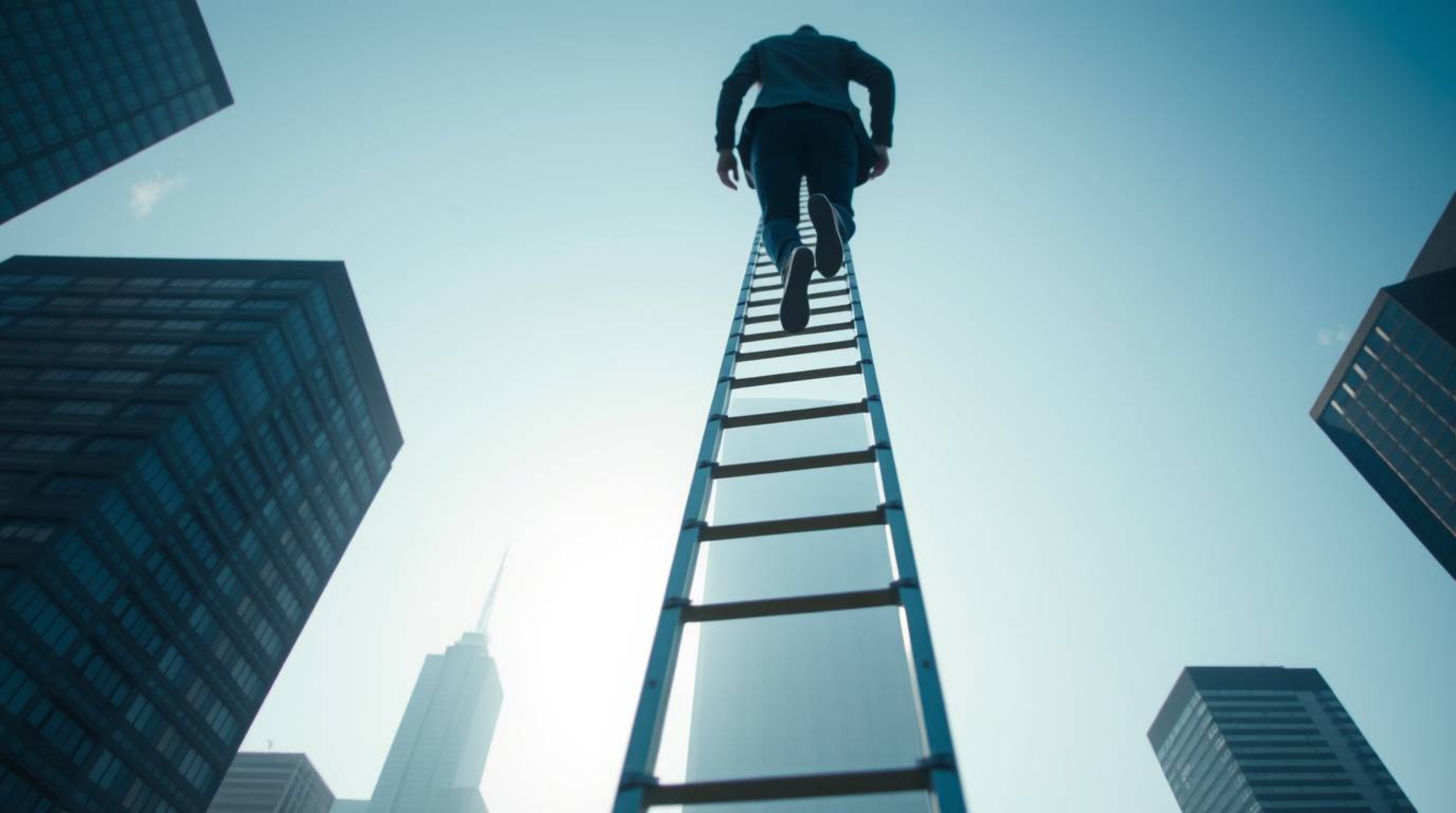 A captivating street photography image depicts a businessman ascending a transparent ladder that disappears into a vibrant bl