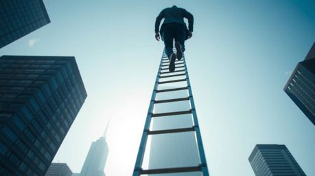 A captivating street photography image depicts a businessman ascending a transparent ladder that disappears into a vibrant bl