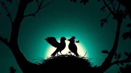 Experience a luxurious and vibrant aesthetic with rich deep teal hues and silhouetted backlighting.  Two cartoon birds are de