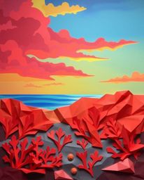 A warm and intricate origami-style depiction captures a coral reef at low tide under a colorful sky. The artwork showcases ge