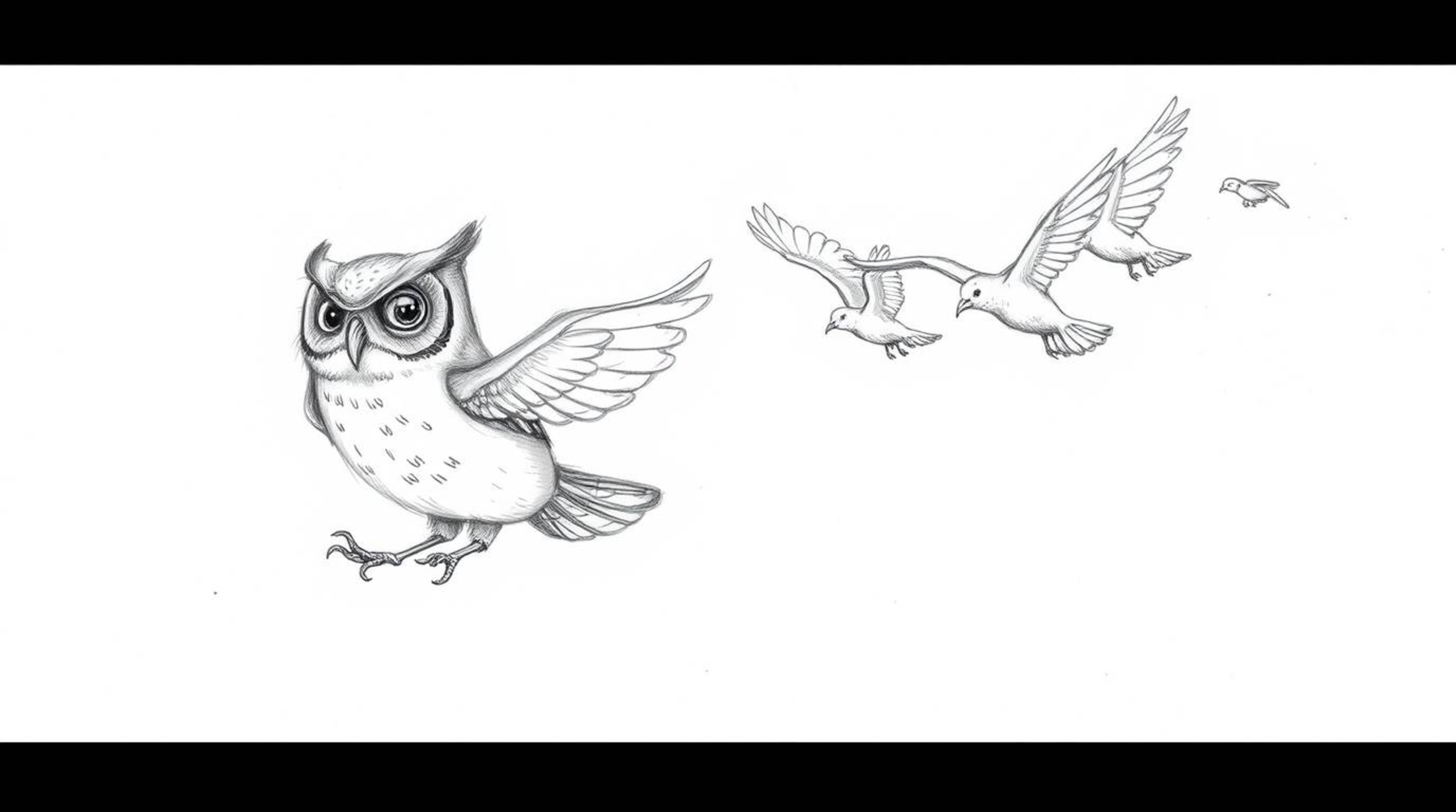 A heartwarming Pixar-inspired hand-drawn sketch depicts a wise-looking blind owl leading a flock of birds in graceful, synchr