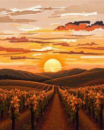 This bold acrylic painting captures a stunning sunset over a vineyard, rendered in a rich palette of natural earth tones. The