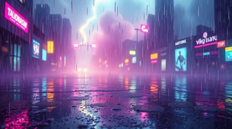 Immerse yourself in a dreamlike, surreal digital artwork featuring a wet, rainy scene.  Neon gradient textures flow across a 