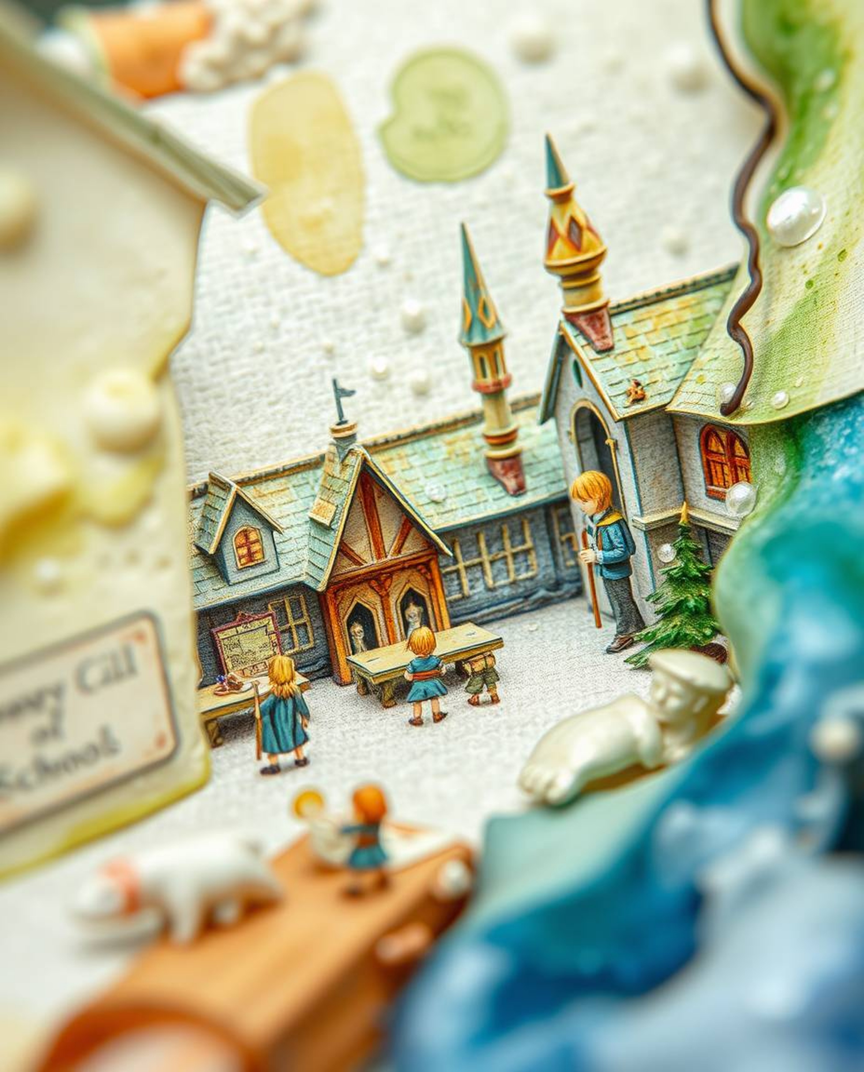 Experience the enchanting detail of an extreme macro close-up of a watercolor painting depicting a magical school brimming wi