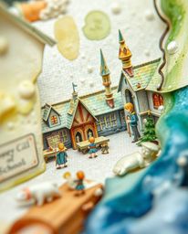 Experience the enchanting detail of an extreme macro close-up of a watercolor painting depicting a magical school brimming wi