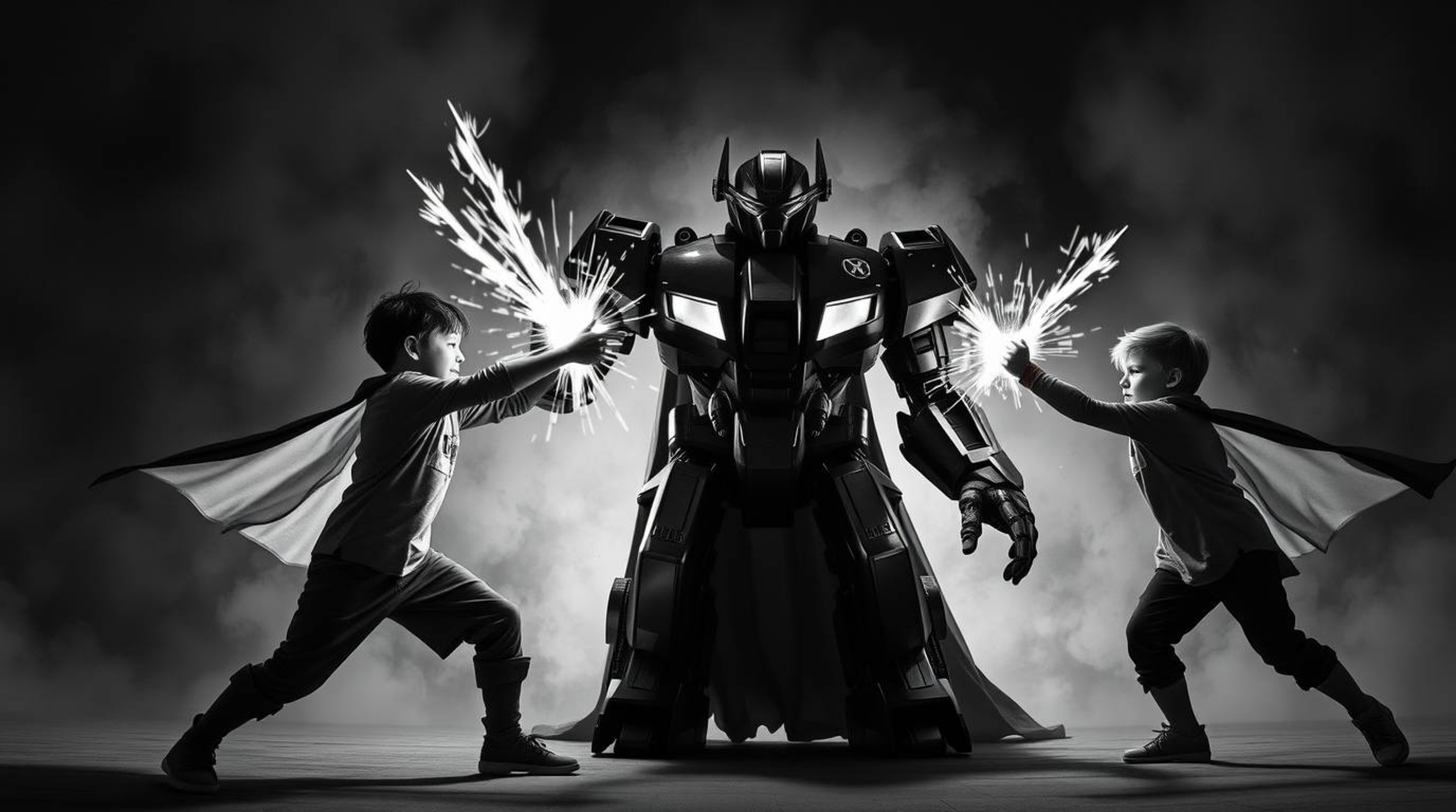 A captivating black and white photograph depicts three superpowered children engaged in an epic battle against a formidable r