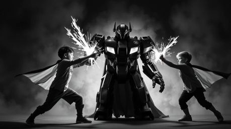 A captivating black and white photograph depicts three superpowered children engaged in an epic battle against a formidable r