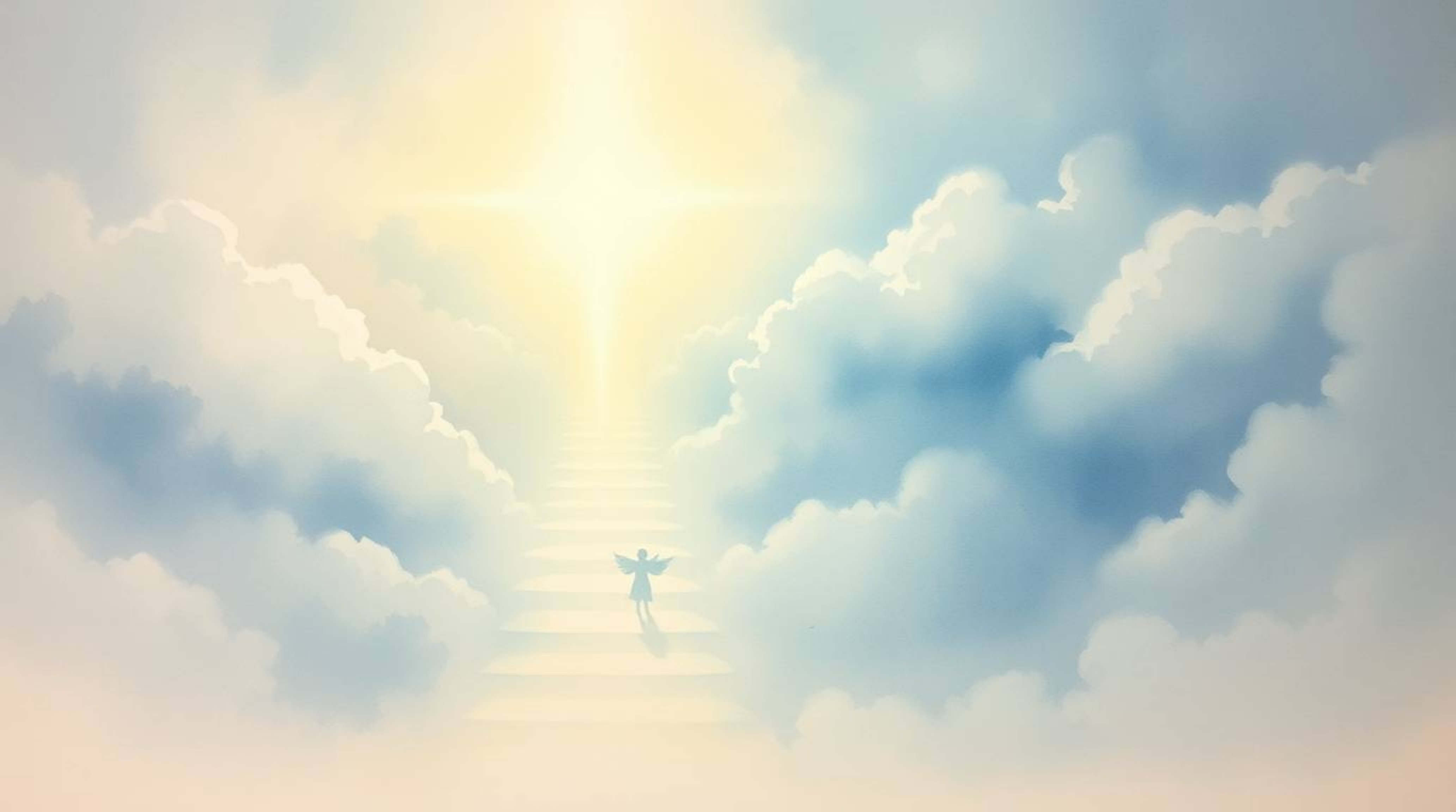 A delicate watercolor painting portrays steps of light ascending into a cloudy sky, watched over by angelic figures on the ho