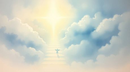 A delicate watercolor painting portrays steps of light ascending into a cloudy sky, watched over by angelic figures on the ho