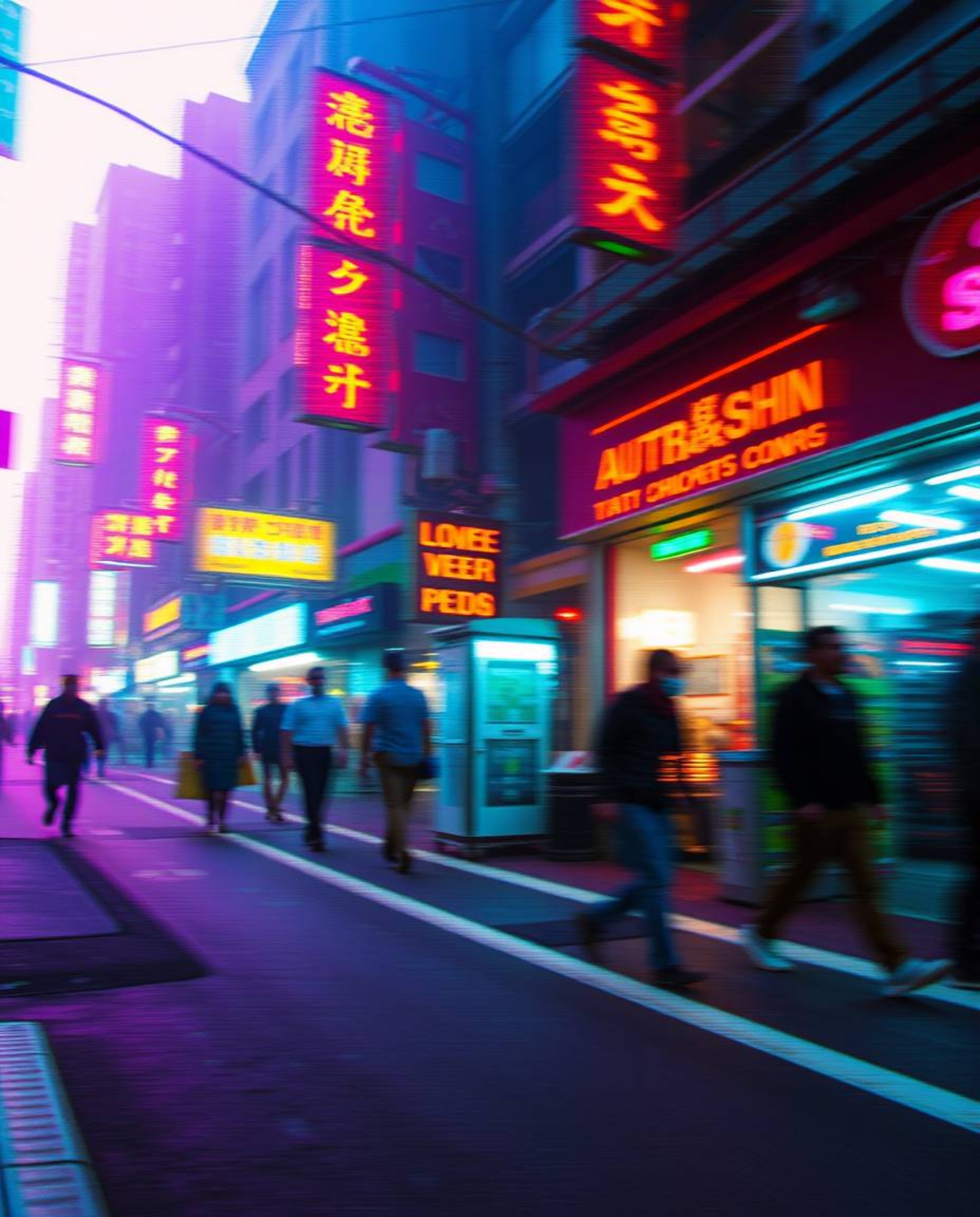 A dynamic and vibrant pixelated glitch art image depicting a cyberpunk street scene.  Neon lights create a hazy atmosphere, b