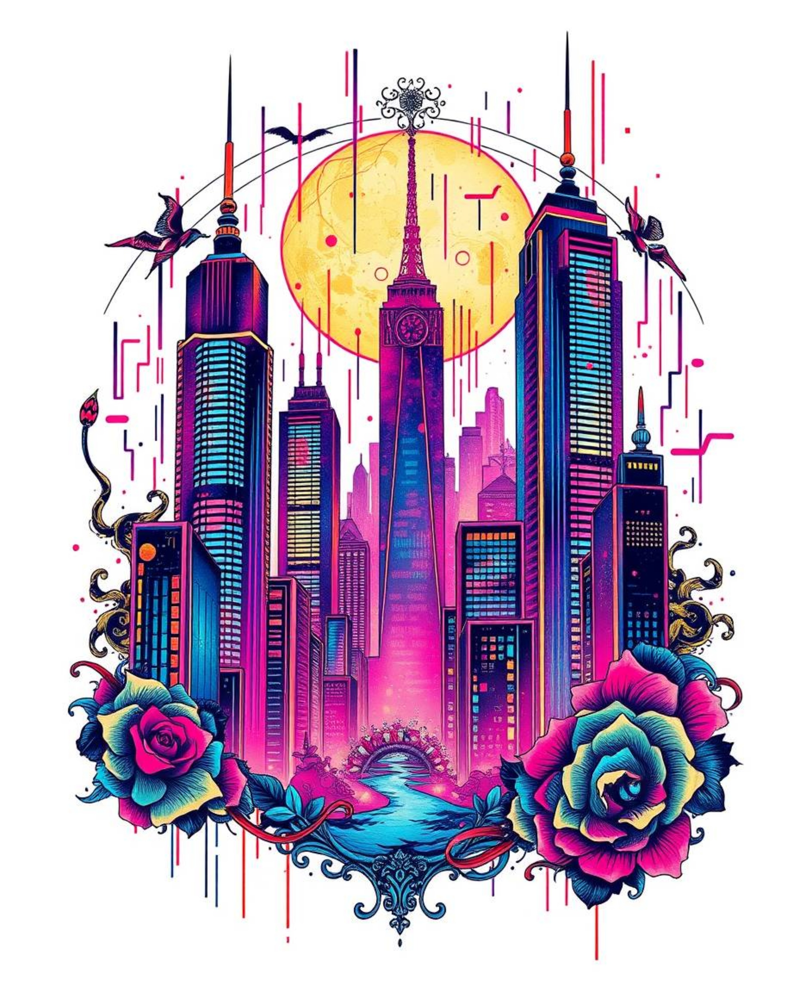 A vibrant and unique tattoo art print featuring a glitchy digital landscape. Distorted skyscrapers and static noise create a 