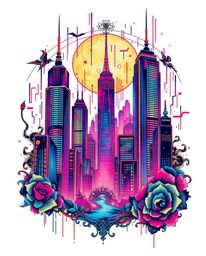 A vibrant and unique tattoo art print featuring a glitchy digital landscape. Distorted skyscrapers and static noise create a 