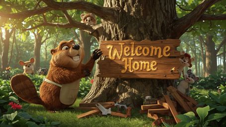 A highly detailed, high-resolution stock photo of a cheerful, anthropomorphic beaver in a lush, vibrant forest, busily constr