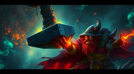 A captivating digital painting depicts a trickster character in peril, poised beneath a descending anvil. The scene is illumi