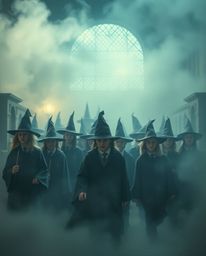Immerse yourself in a cinematic photograph of a magical school teeming with young wizards. The soft focus and hazy background