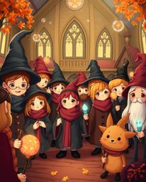 Immerse yourself in the enchanting world of a magical school, brimming with young wizards and bathed in the warm hues of autu