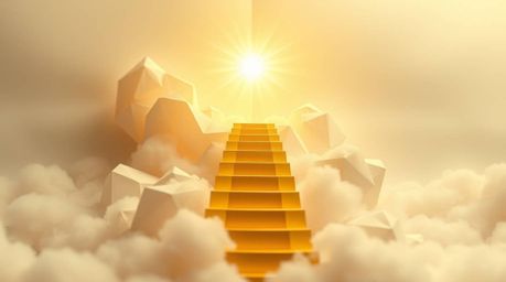 A mesmerizing origami-style image depicting a golden staircase ascending through clouds towards a radiant heaven, illuminated