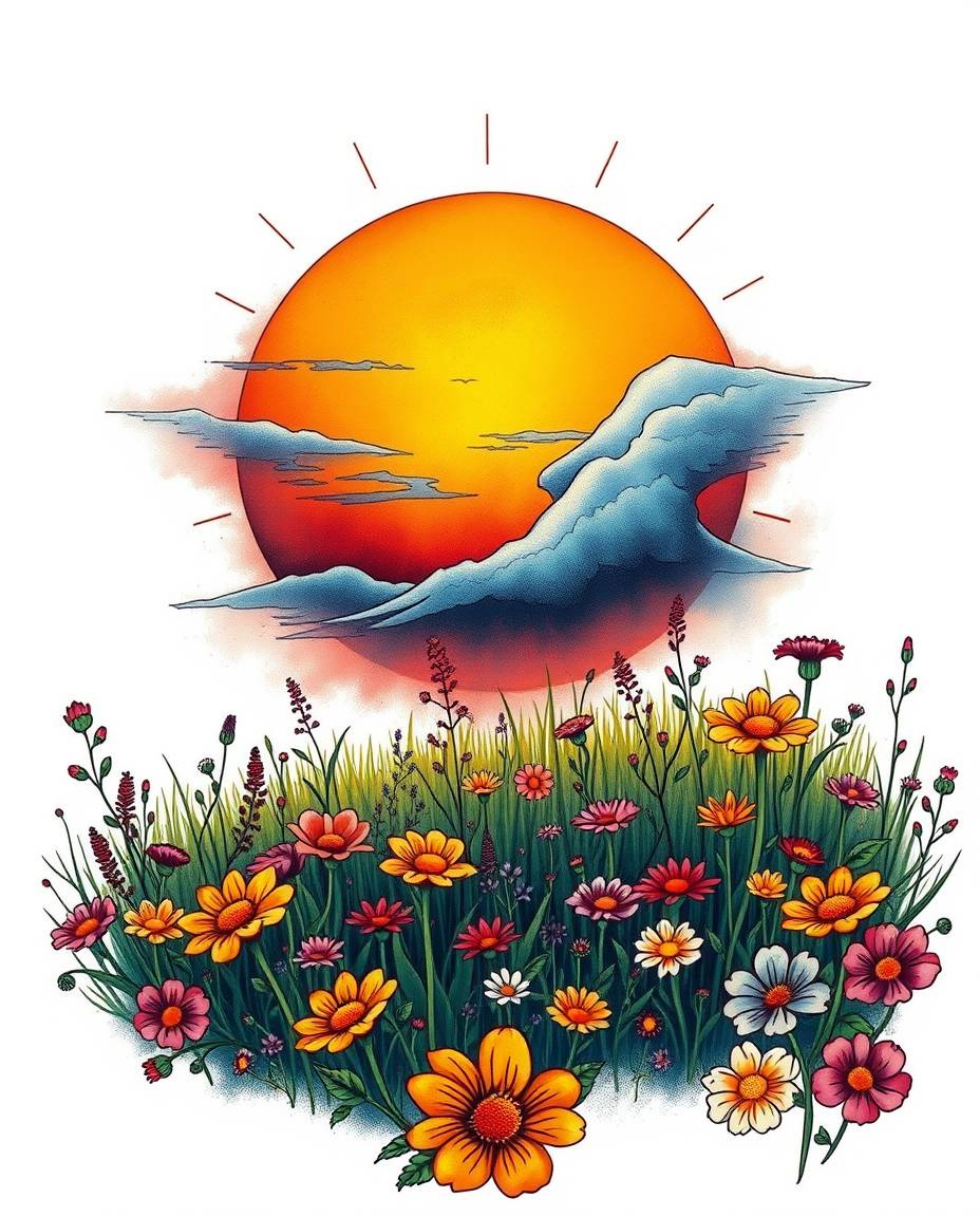 This traditional tattoo-style print captures a vibrant sunset over a spring wildflower meadow, distinguished by its dramatic 