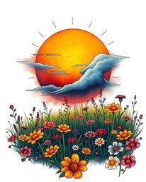 This traditional tattoo-style print captures a vibrant sunset over a spring wildflower meadow, distinguished by its dramatic 