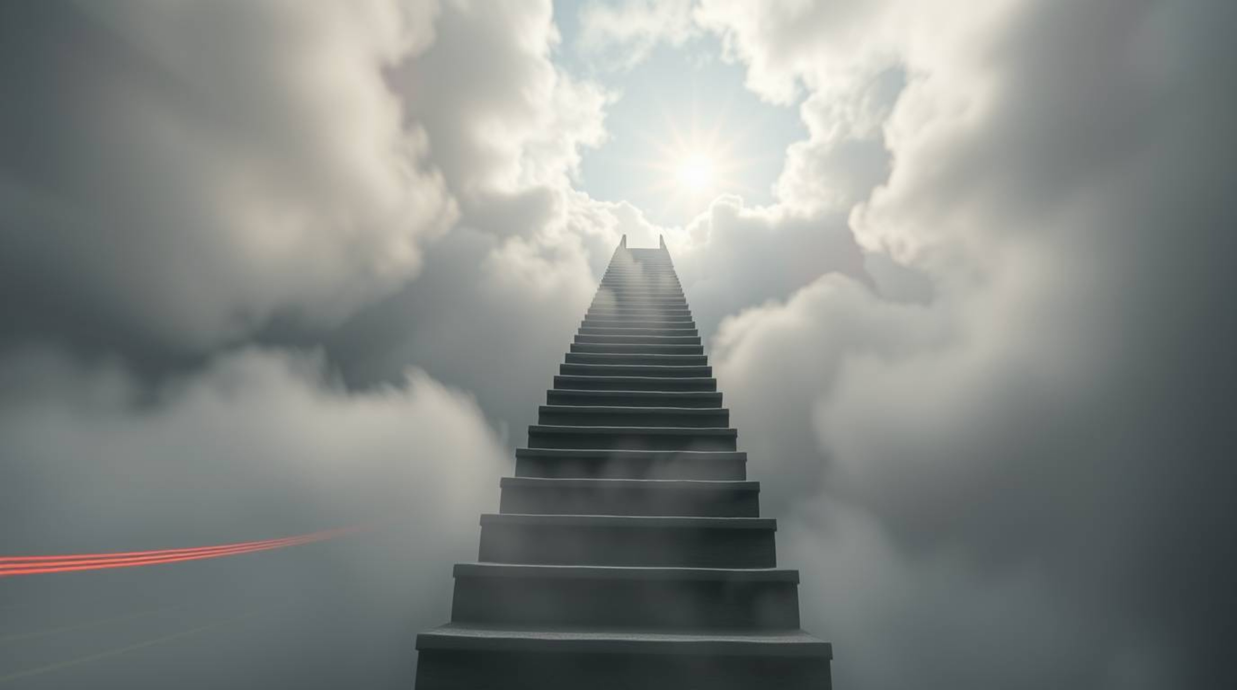 A high-angle, long-exposure photograph captures a surreal stairway ascending through smoky clouds towards a bright celestial 