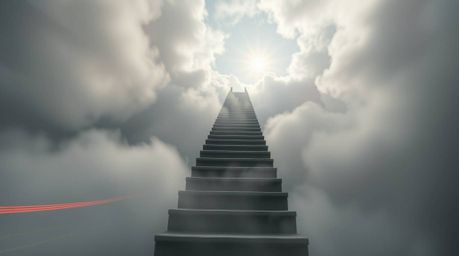 A high-angle, long-exposure photograph captures a surreal stairway ascending through smoky clouds towards a bright celestial 