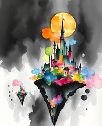 Experience the magic of a colorful kingdom with floating islands and castles brought to life in an intense jet black watercol