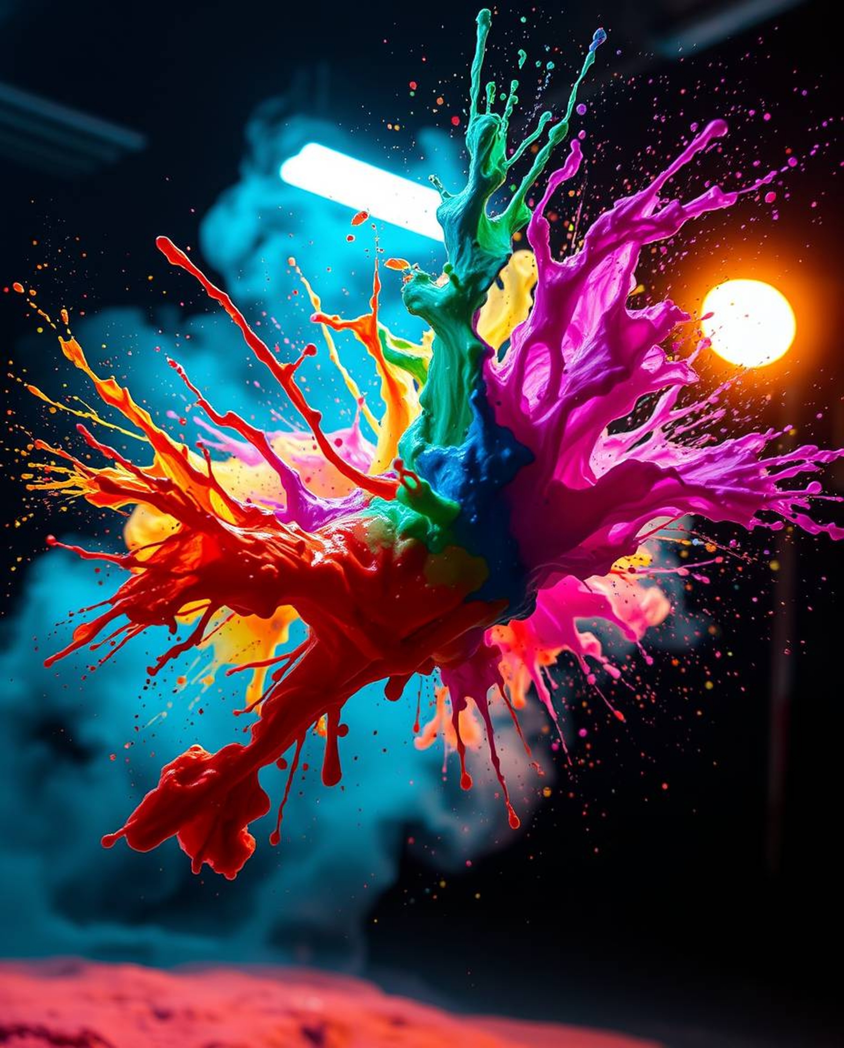 This artwork captures an epic scene of a colorful paint splash frozen in mid-air, achieved with a high-speed camera. The surr
