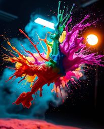 This artwork captures an epic scene of a colorful paint splash frozen in mid-air, achieved with a high-speed camera. The surr
