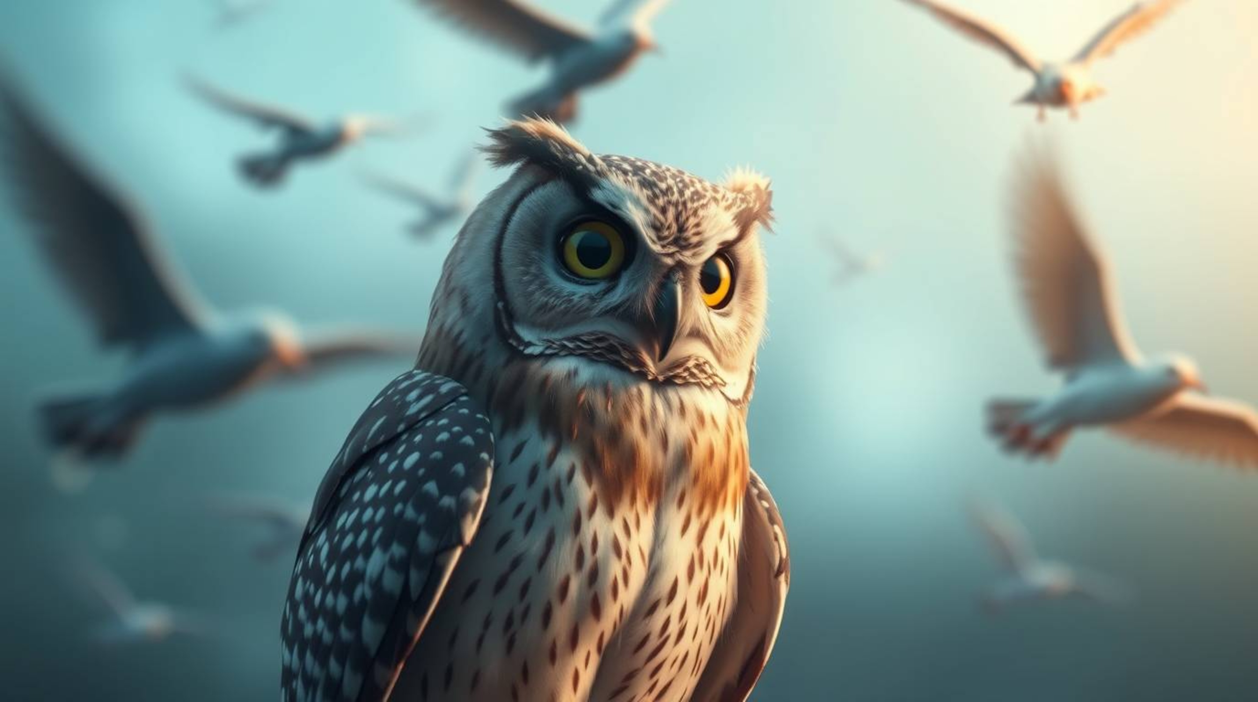 This piece of long exposure photography captures a truly ethereal and spiritual vibe. It features a blind owl, rendered in a 