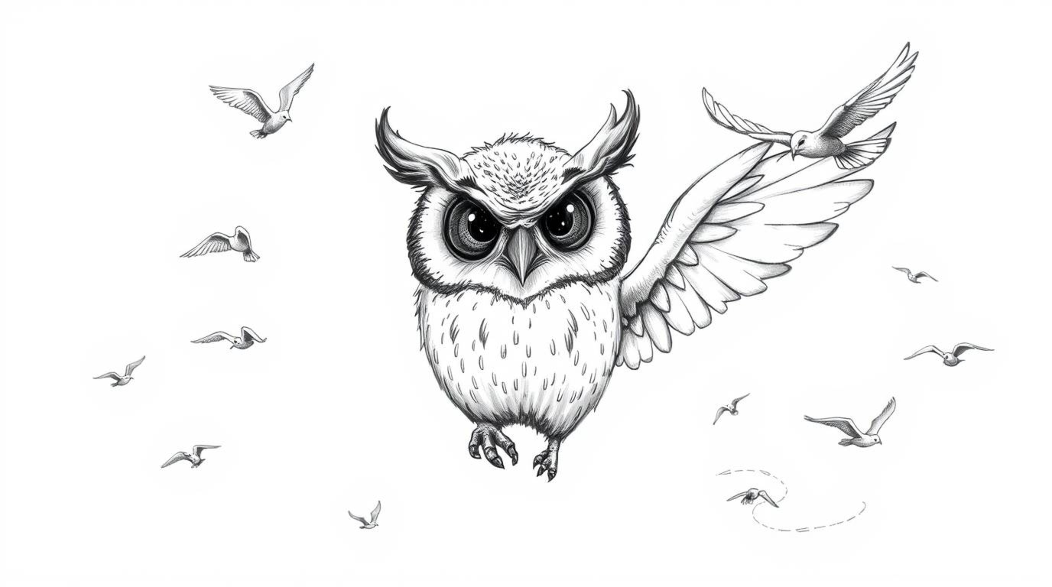 A heartwarming depiction of a blind owl, rendered in Pixar style with large, expressive ears, leading birds in flight across 