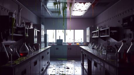 Explore a slime-covered science lab depicted in a striking split composition, enhanced by silhouetted backlighting to create 