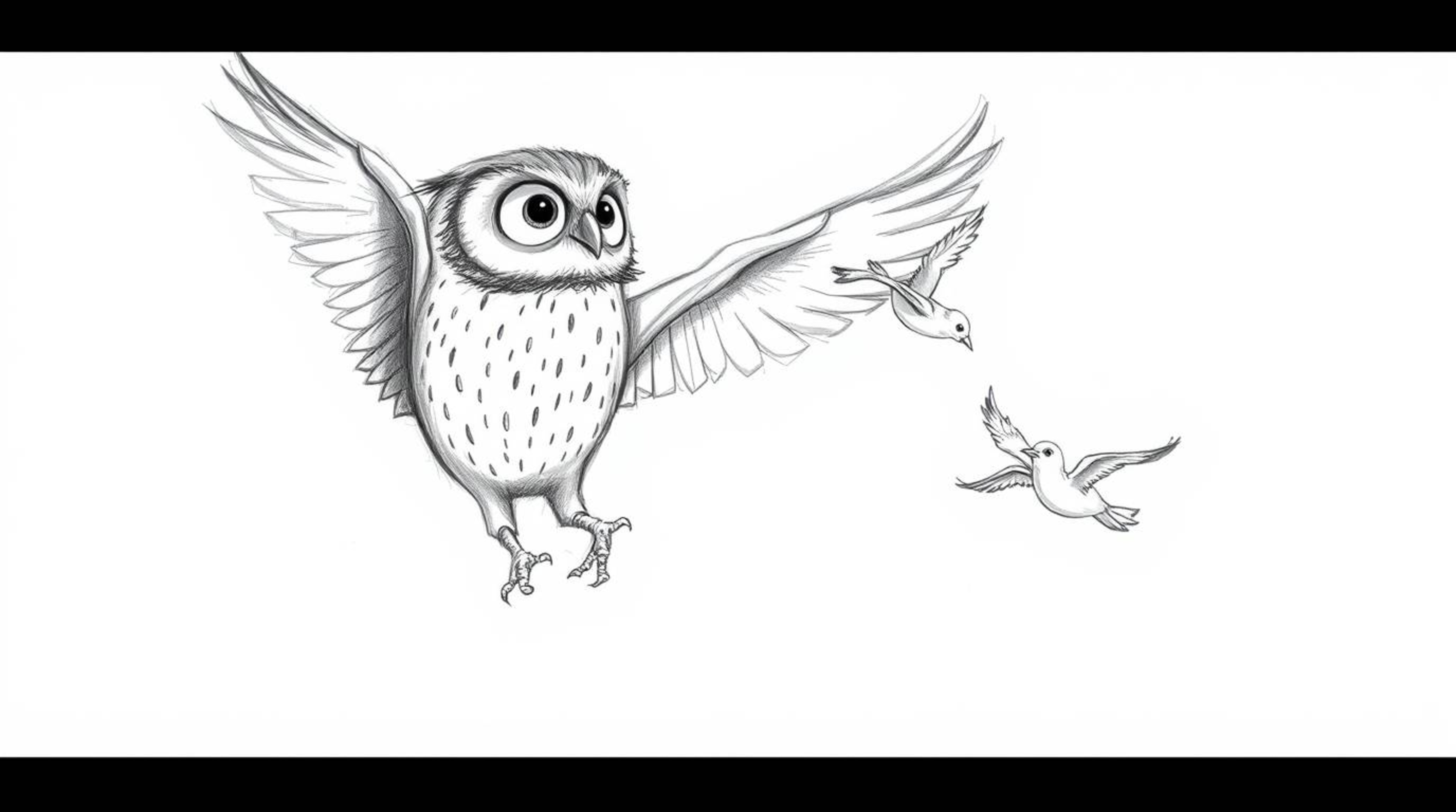 A heartwarming hand-drawn sketch in the Pixar style depicts a blind owl, its textured plumage rendered with expressive pencil
