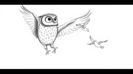 A heartwarming hand-drawn sketch in the Pixar style depicts a blind owl, its textured plumage rendered with expressive pencil