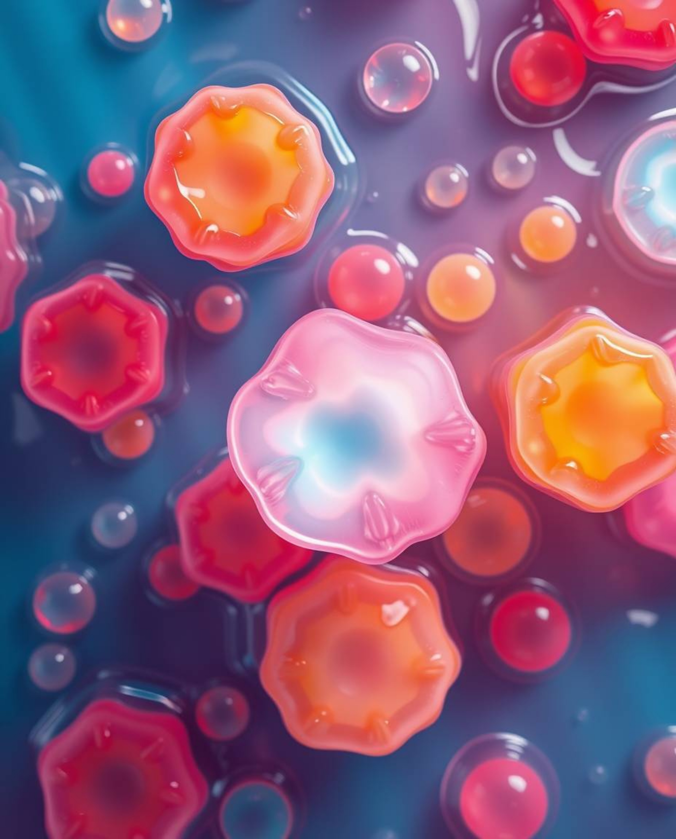An overhead bird's eye view showcases floating 3D blobs of fluid jelly, rendered in vibrant colors and synthetic textures. Th