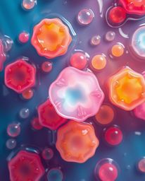 An overhead bird's eye view showcases floating 3D blobs of fluid jelly, rendered in vibrant colors and synthetic textures. Th